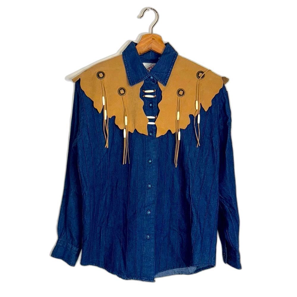 Vtg wanted Boho Western Fringe denim shirt button up with tassle size small cute